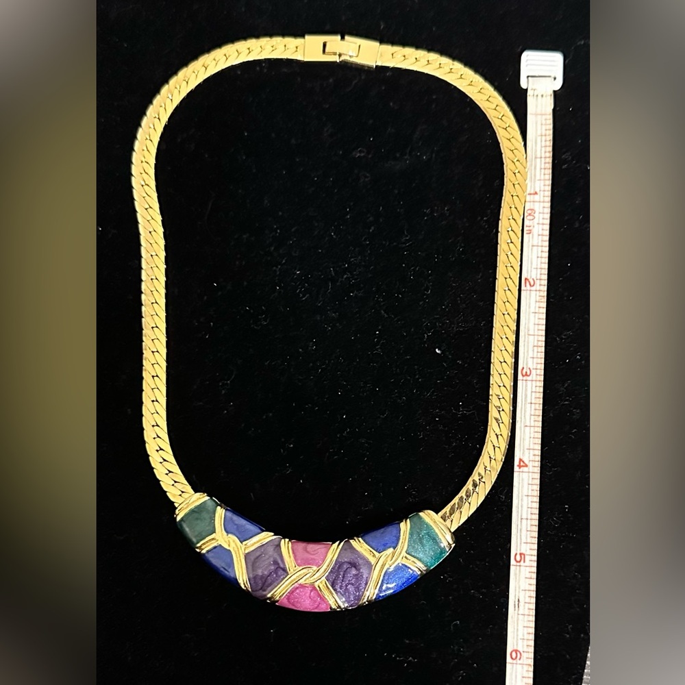 Lovely Herringbone Purple, Blue, & Green Enamel Collar Necklace. - Picture 7 of 9